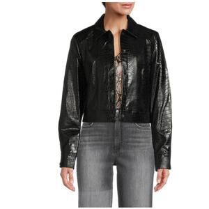 Calvin Klein Faux Leather Trucker Jacket 12 Black NWT Croc Coat Button Crop